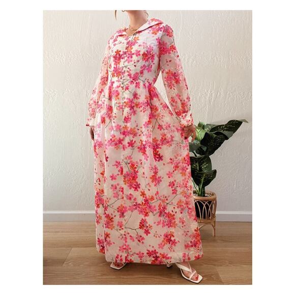 Vintage 1960's Designer Pink Floral Long Sleeve Button Up Maxi Dress - Picture 1 of 7